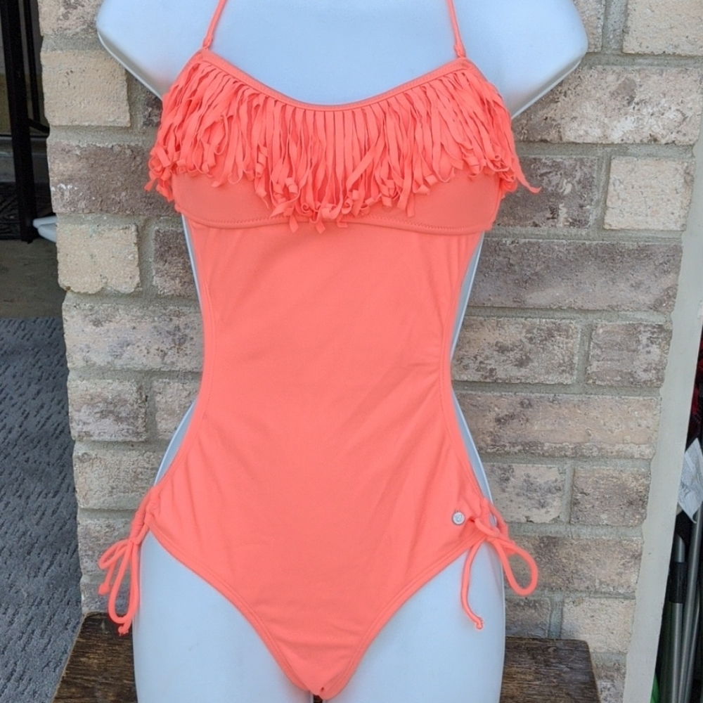 Orange fringe monokini swimsuit